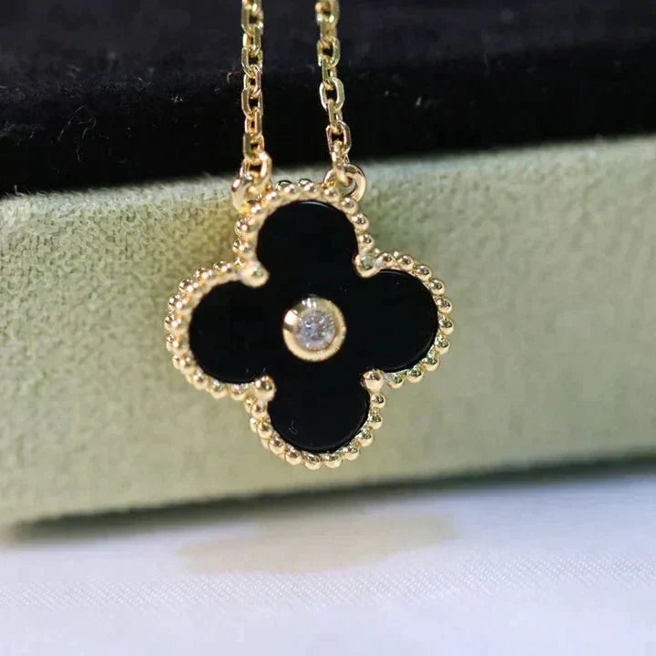 [Eternal Jewelry]CLOVER 15MM DIAMOND ONYX NECKLACE