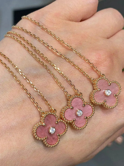 [Eternal Jewelry]CLOVER 15MM DIAMOND RHODONITE NECKLACE