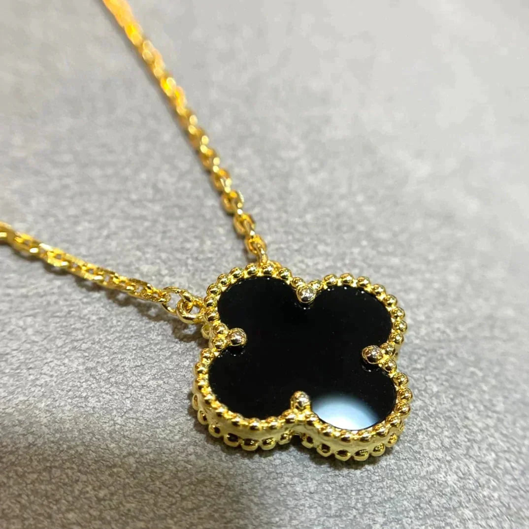 [Eternal Jewelry]CLOVER 15MM BLACK ONYX SINGLE FLOWER NECKLACE
