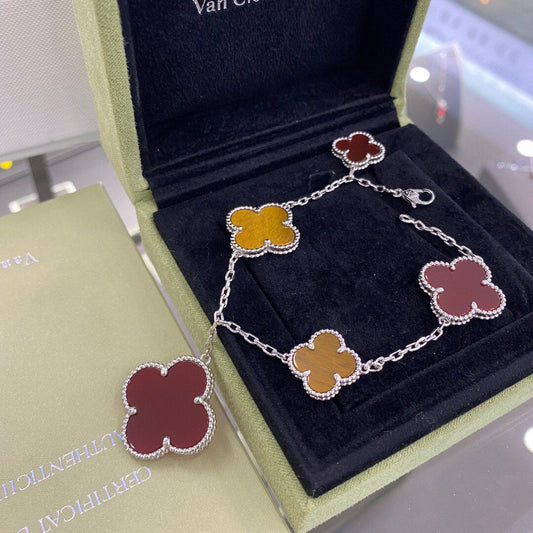 [Eternal Jewelry]CLOVER 5 MOTIFS SIVLER CARNELIAN TIGER EYE BRACELET