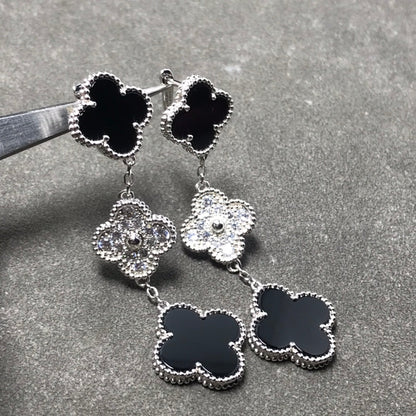 [Eternal Jewelry]CLOVER 3 MOTIF DIAMOND ONYX SILVER EARRINGS