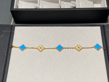 [Eternal Jewelry]CLOVER 5 MOTIF BLUE CHALCEDONY DIAMOND GOLD BRACELET