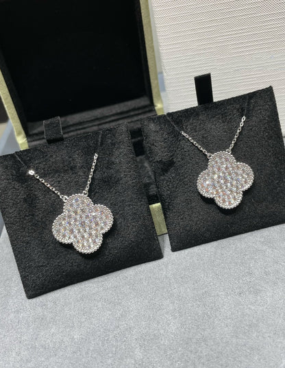 [Eternal Jewelry]CLOVER 25MM LARGE PENDANT DIAMOND PAVED SILVER NECKLACE