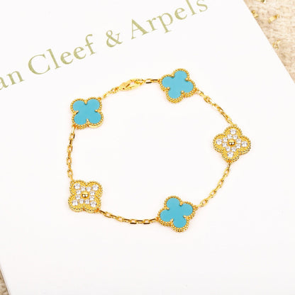 [Eternal Jewelry]CLOVER 5 MOTIF TURQUOISE DIAMOND GOLD BRACELET