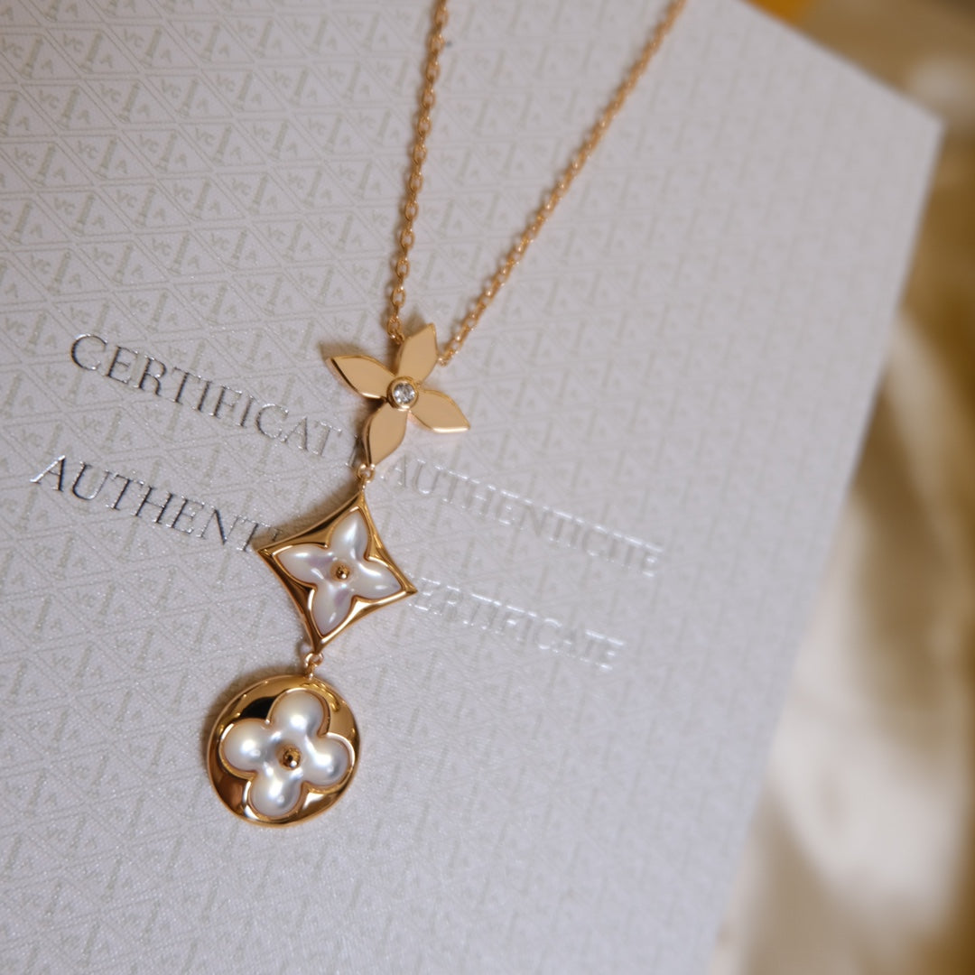 [Eternal Jewelry]COLOR BLOSSOM LARIAT NECKLACE PINK GOLD WHITE MOTHER PEARL AND DIAMOND