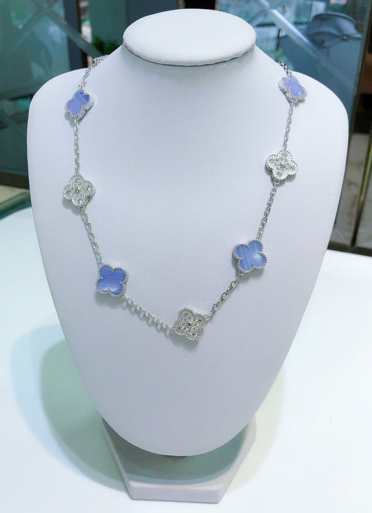 [Eternal Jewelry]CLOVER 10 MOTIFS CHALCEDONY DIAMONDS SILVER NECKLACE